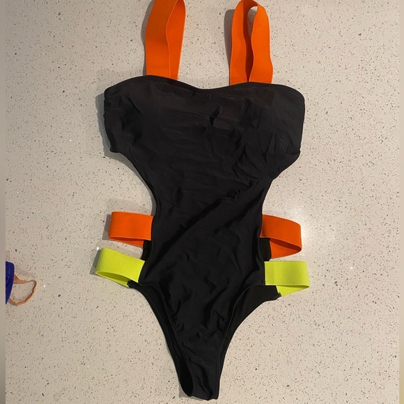 Trendy Black One-Piece Swimsuit with Orange and Yellow Straps - Picture 3 of 4